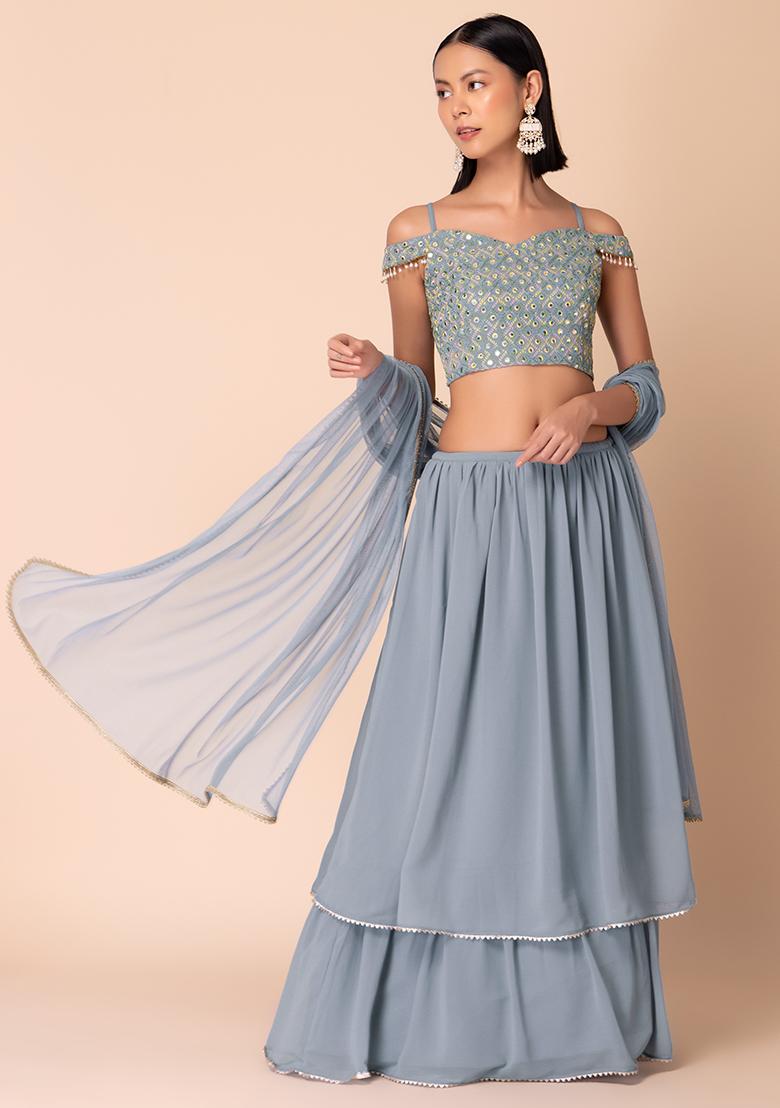 Light Blue Layered Lehenga With Embroidered Blouse And Dupatta (Set of 3)