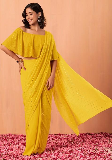 Mustard Yellow Polka Dot Pre-Stitched Saree With Off Shoulder Blouse (Set of 2)
