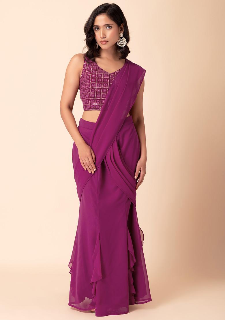 Purple Pre-Stitched Saree With Sequin Embroidered Blouse (Set of 2)