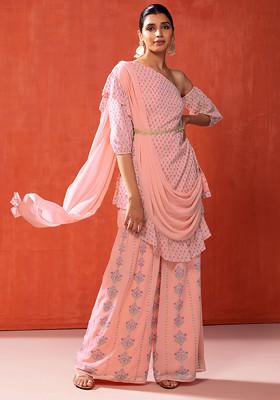 Pastel Pink Floral Print Sharara And Short Kurta With Attached Ruffled Dupatta And Belt (Set of 3)