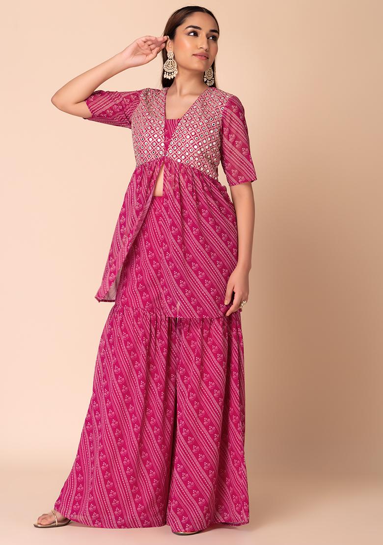 Pink Floral Stripe Print Sharara And Embroidered Kurta (Set of 2)