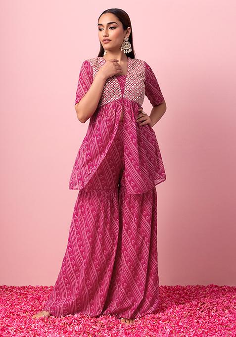 Pink Floral Stripe Print Sharara And Embroidered Kurta (Set of 2)