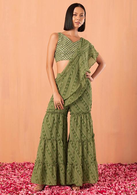 Green Striped Sharara With Embroidered Blouse And Attached Ruffled Dupatta (Set of 2)