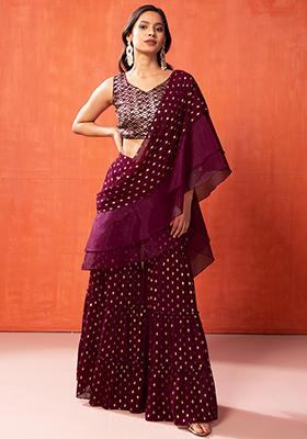 Purple Foil Print Sharara With Sequin Blouse And Attached Ruffled Dupatta (Set of 2)