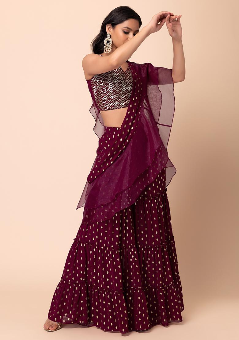 Purple Foil Print Sharara With Sequin Blouse And Attached Ruffled Dupatta (Set of 2)