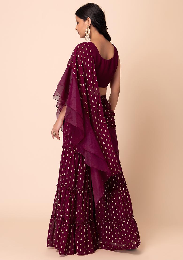 Purple Foil Print Sharara With Sequin Blouse And Attached Ruffled Dupatta (Set of 2)