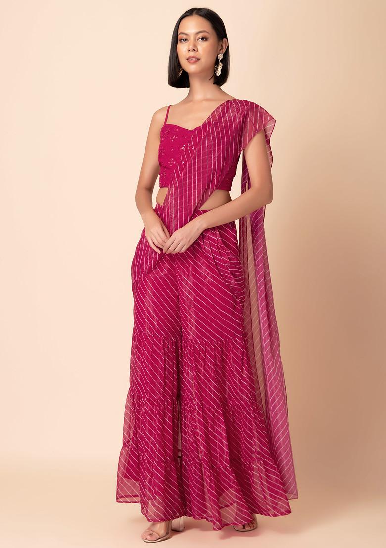 Hot Pink Leheriya Print Sharara With Embroidered Blouse And Attached Drape (Set of 2)