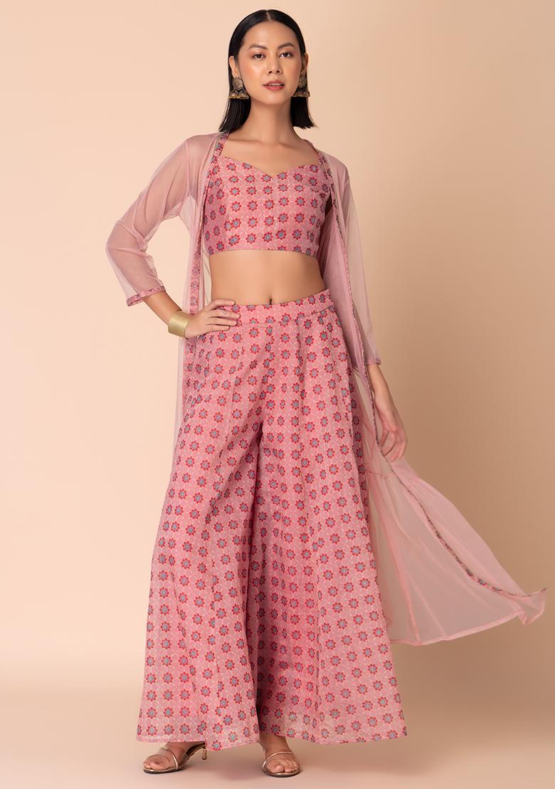 Light Pink Ajrakh Print Sharara With Strappy Top And Jacket (Set of 3)