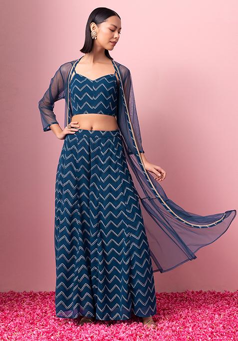 Blue Chevron Print Sharara With Strappy Top And Jacket (Set of 3)
