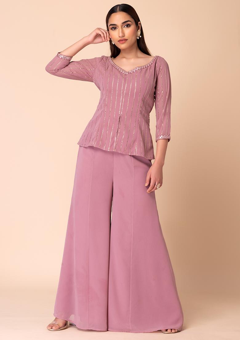 Pink Striped Foil Print Short Kurta And Flared Pants (Set of 2)