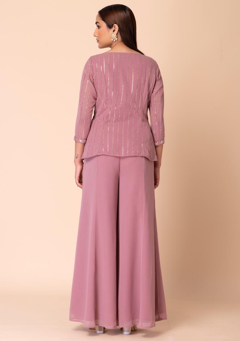 Pink Striped Foil Print Short Kurta And Flared Pants (Set of 2)