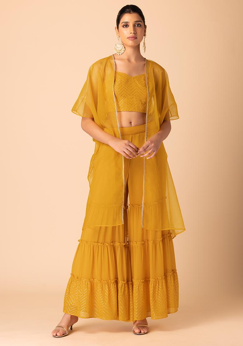 Yellow Tiered Sharara With Strappy Top And Cape (Set of 3)