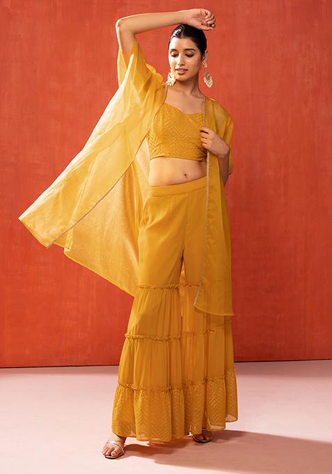 Yellow Tiered Sharara With Strappy Top And Cape (Set of 3)