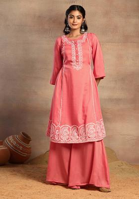 Peach Floral Print Muslin Kurta And Sharara (Set of 2)