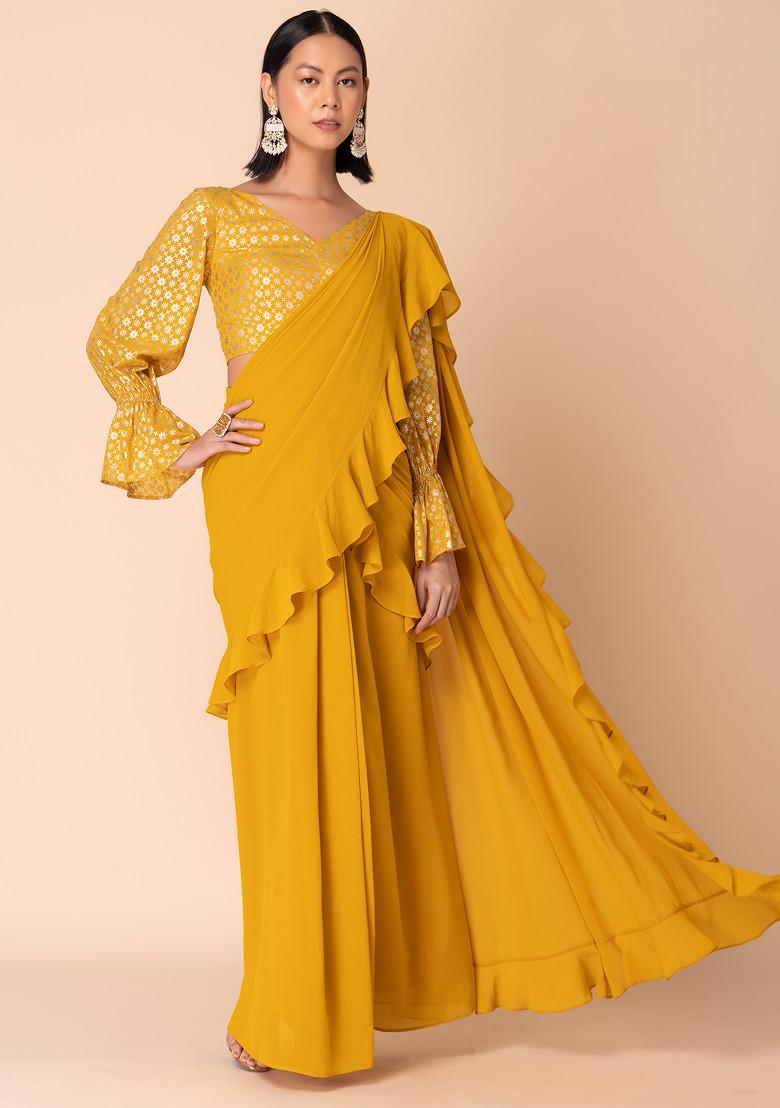 Mustard Yellow Ruffled Pre-Stitched Saree With Foil Print Blouse (Set of 2)