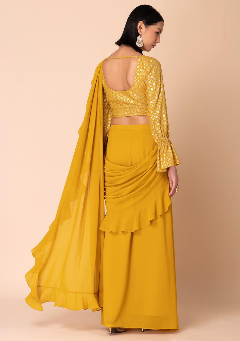 Mustard Yellow Ruffled Pre-Stitched Saree With Foil Print Blouse (Set of 2)