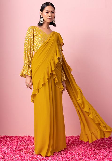 Mustard Yellow Ruffled Pre-Stitched Saree With Foil Print Blouse (Set of 2)