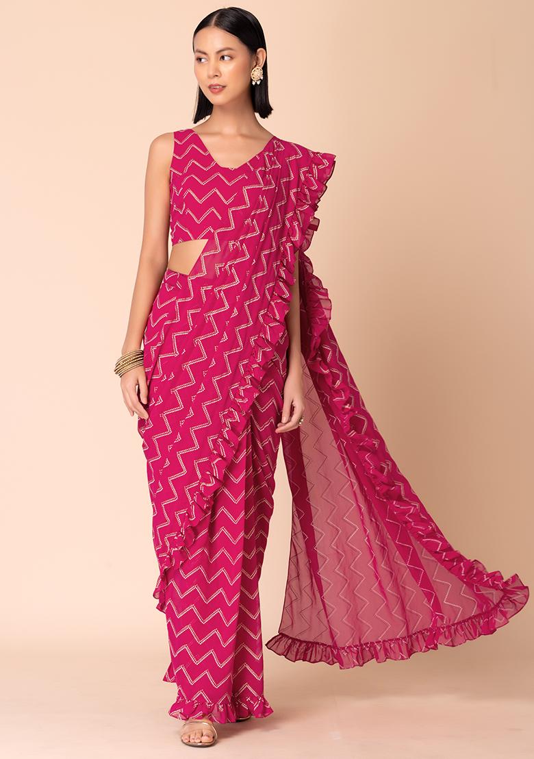 Hot Pink Bandhani Print Pre-Stitched Saree And Blouse (Set of 2)