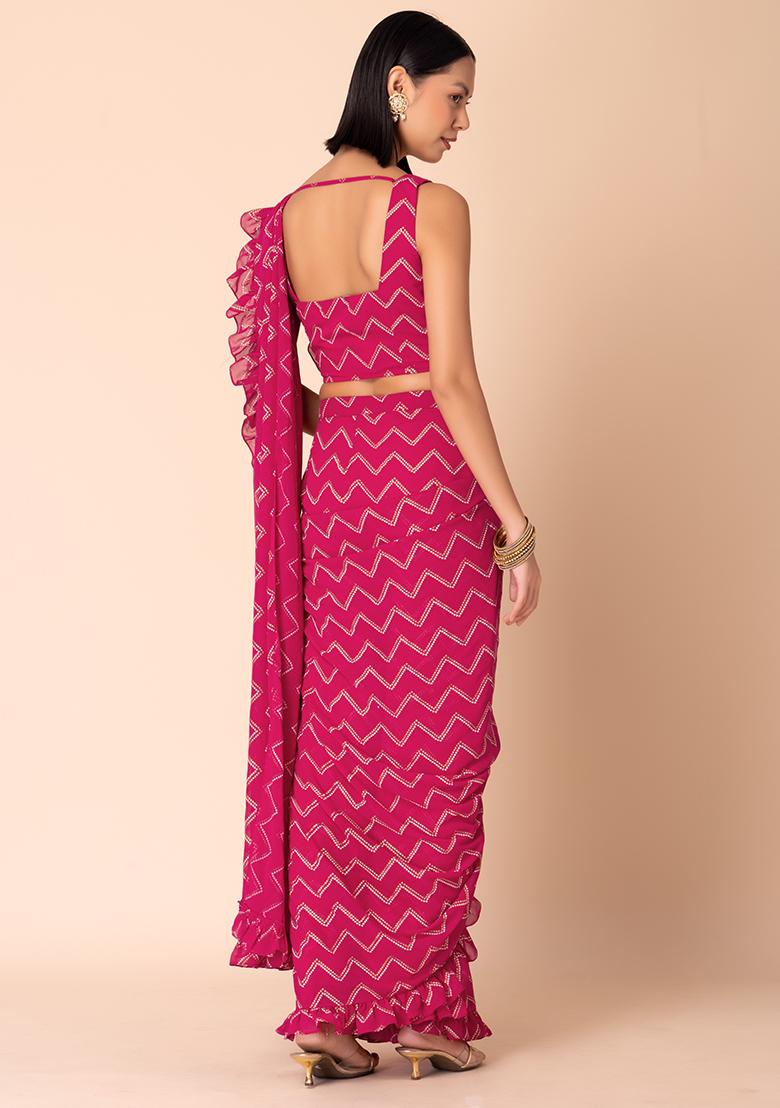 Hot Pink Bandhani Print Pre-Stitched Saree And Blouse (Set of 2)