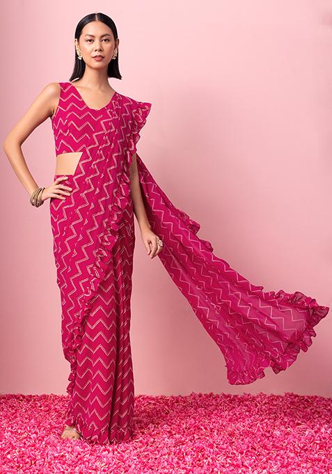 Hot Pink Bandhani Print Pre-Stitched Saree And Blouse (Set of 2)