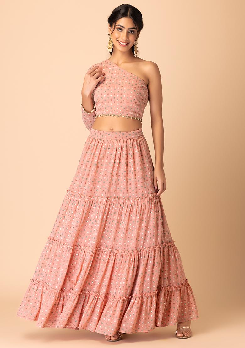 Light Pink Polka Foil Print Tiered Lehenga And One Shoulder Blouse (Set of 2)