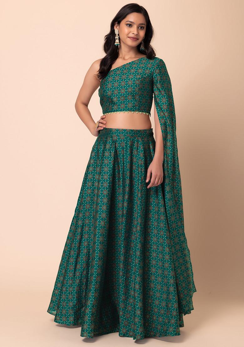 Turquoise Blue Floral Print Lehenga And One Shoulder Blouse (Set of 2)