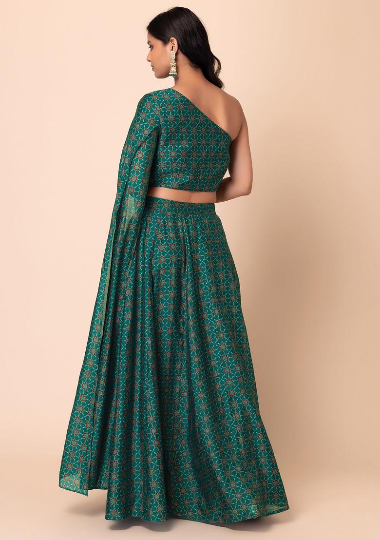 Turquoise Blue Floral Print Lehenga And One Shoulder Blouse (Set of 2)