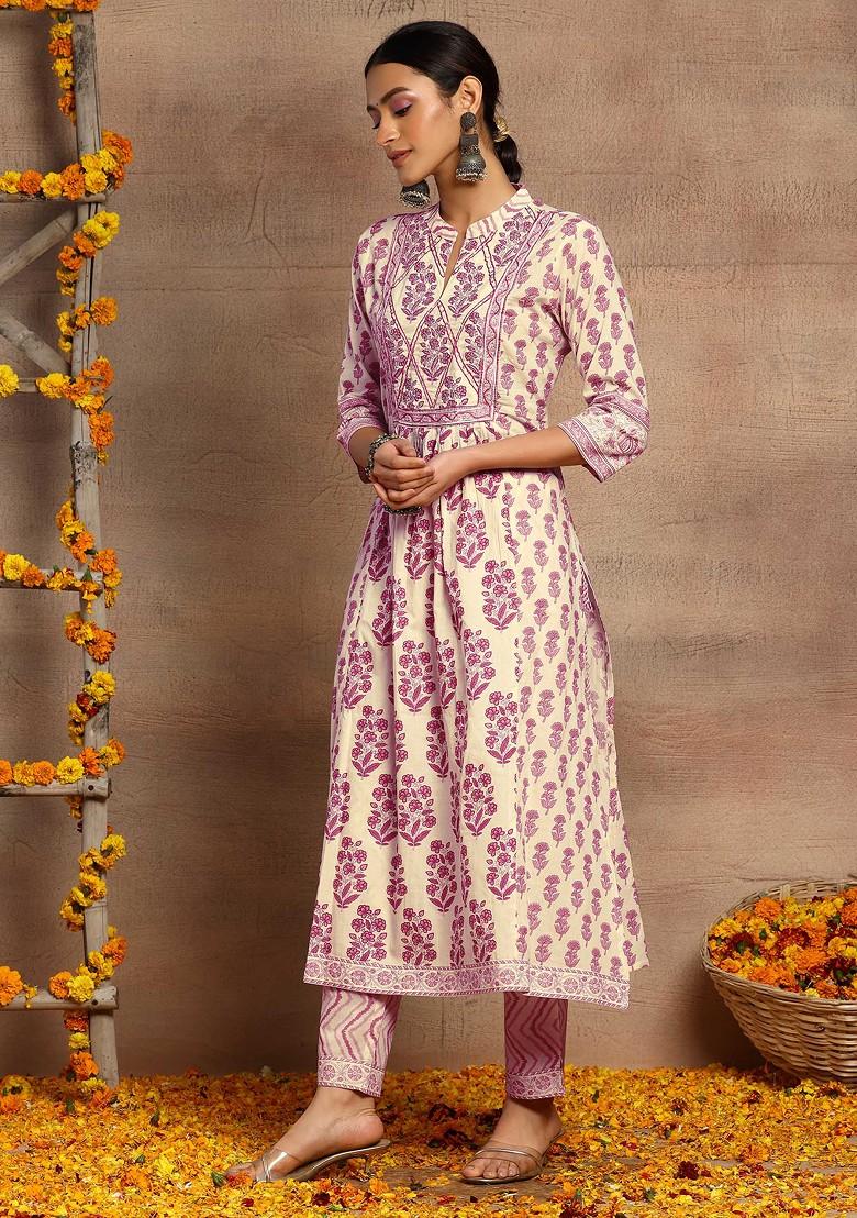 Ivory And Pink Floral Print Cotton Kurta With Pants And Dupatta (Set of 3)
