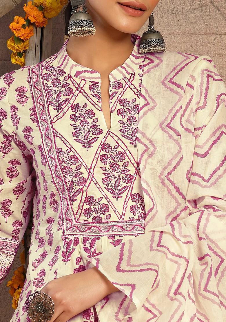 Ivory And Pink Floral Print Cotton Kurta With Pants And Dupatta (Set of 3)