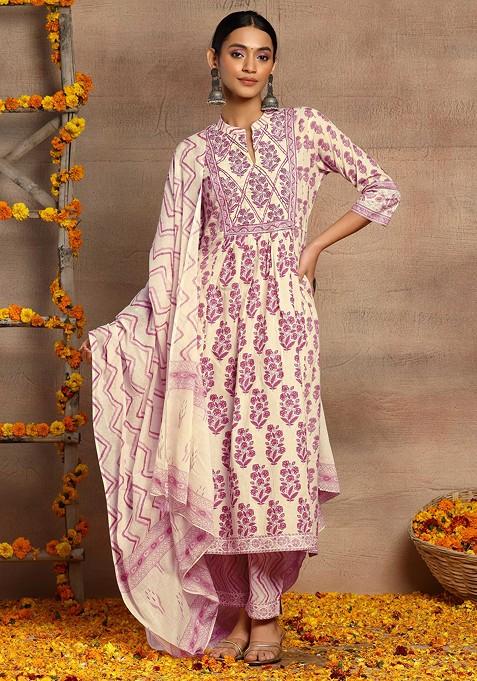 Ivory And Pink Floral Print Cotton Kurta With Pants And Dupatta (Set of 3)