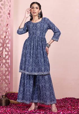 Navy Blue Bandhani Print Cotton Kurta And Sharara (Set of 2)