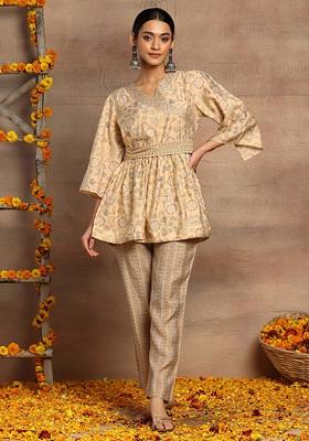 Beige Printed Short Kurta With Pants And Belt (Set of 3)