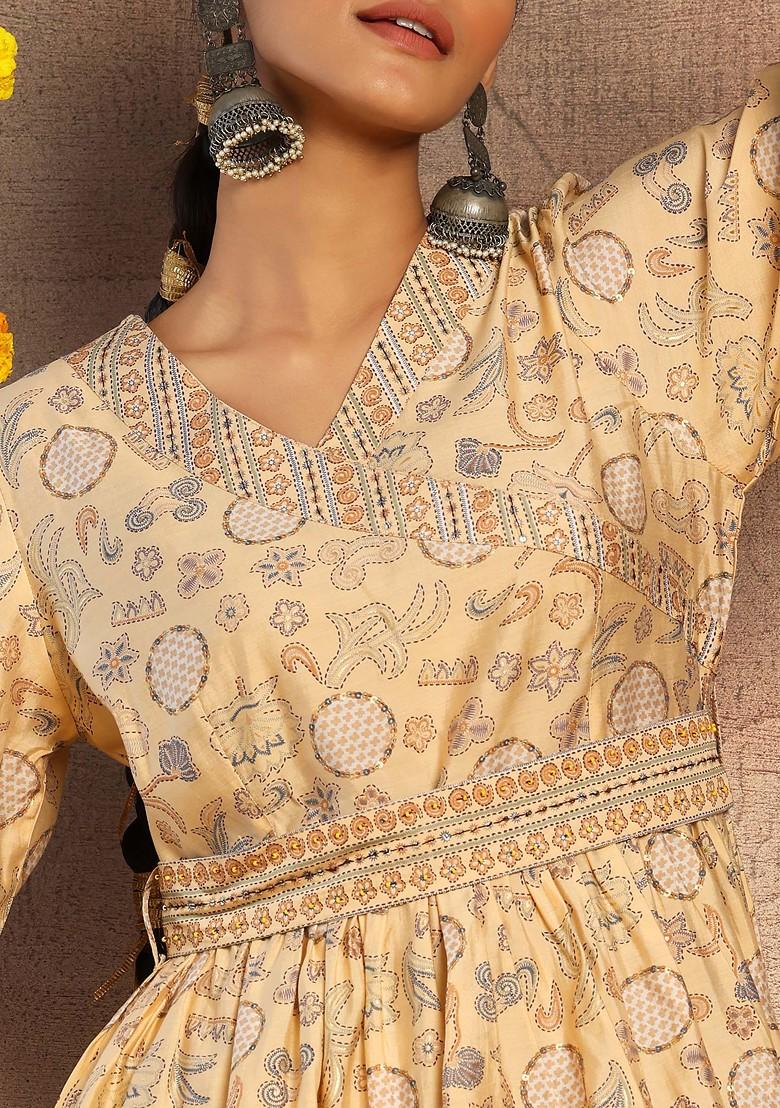 Beige Printed Short Kurta With Pants And Belt (Set of 3)