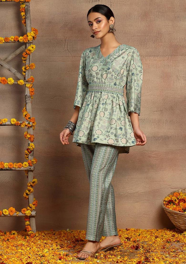 Light Green Printed Short Kurta With Pants And Belt (Set of 3)