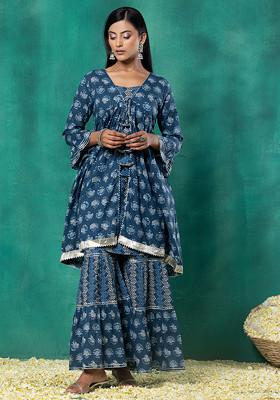 Navy Blue Boota Print Cotton Sharara With Kurta And Jacket (Set of 3)