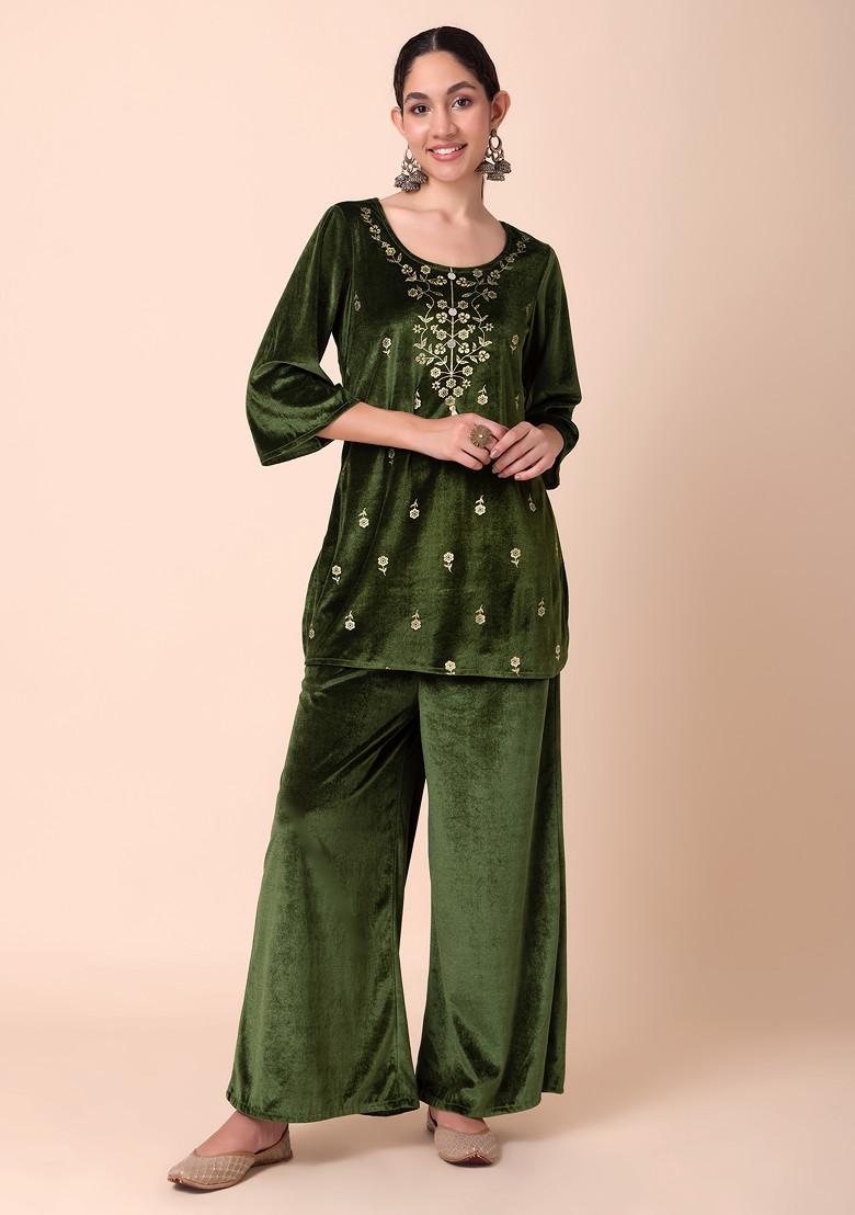 Olive Green Foil Print Velvet Short Kurta With Pants (Set of 2)