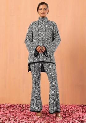 White And Black Abstract Print Knitted High Low Kurta And Pants (Set of 2)