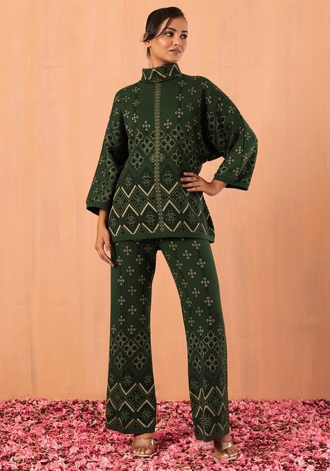 Green Geometric Print Knitted High Low Kurta And Pants (Set of 2)