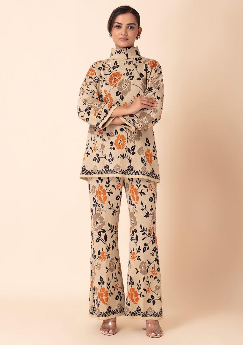 Beige Floral Print Knitted Kurta And Pants (Set of 2)