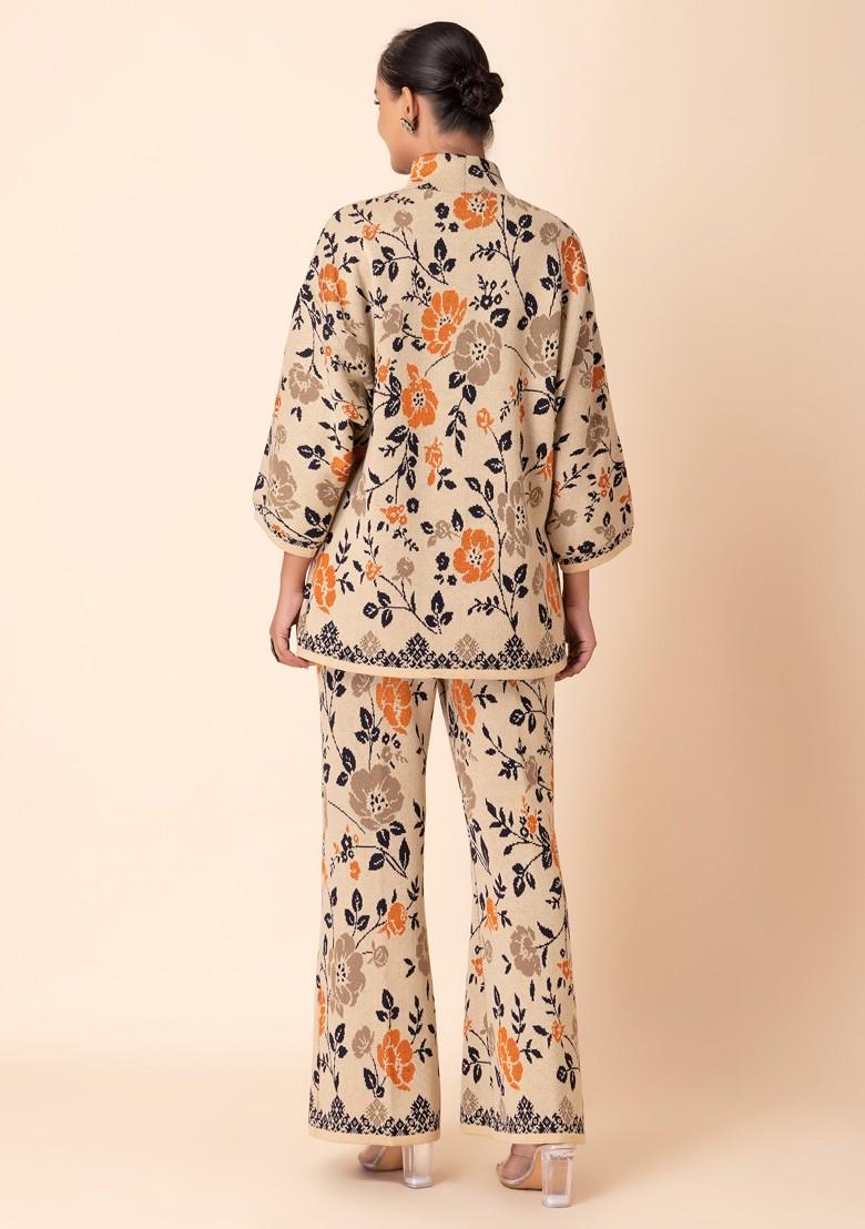 Beige Floral Print Knitted Kurta And Pants (Set of 2)