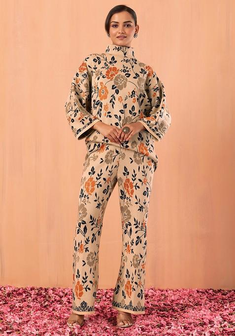 Beige Floral Print Knitted Kurta And Pants (Set of 2)