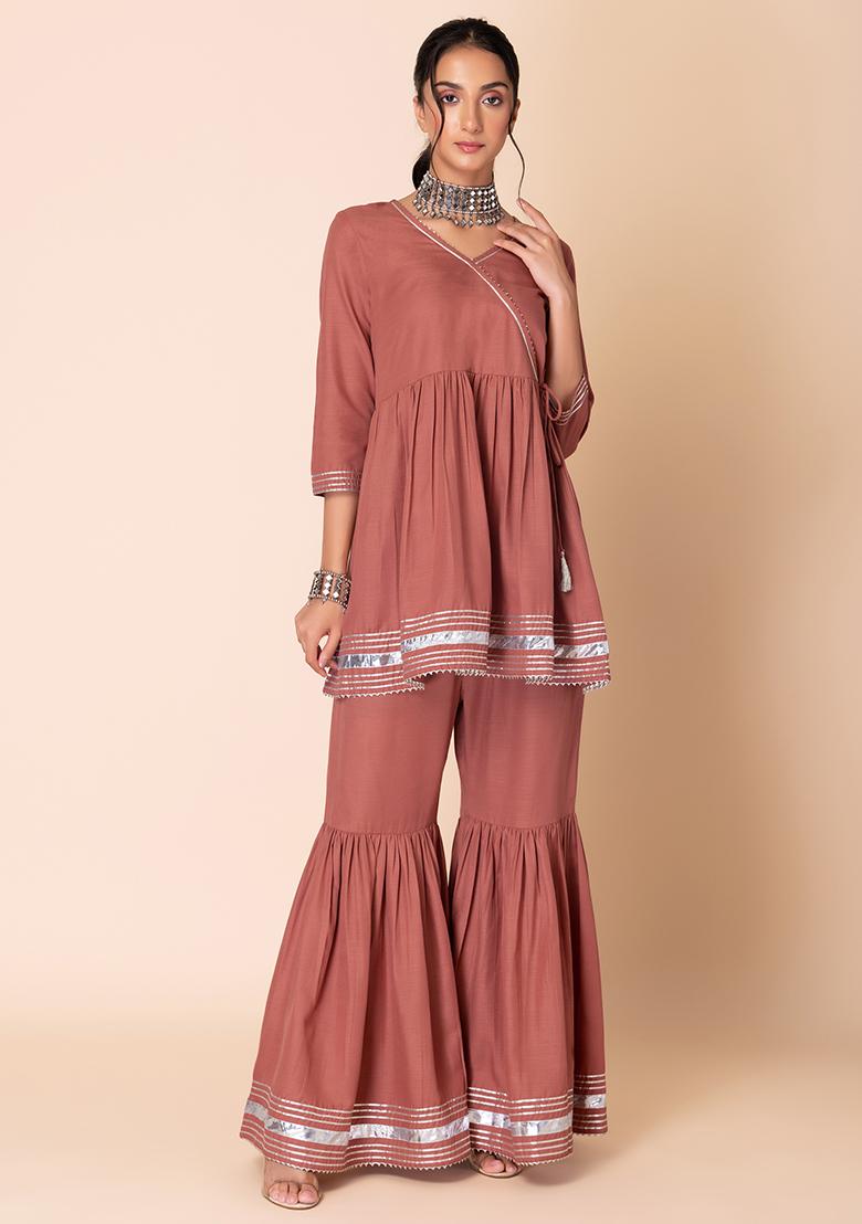 Pink Gota Lace Sharara And Short Angrakha Kurta (Set of 2)