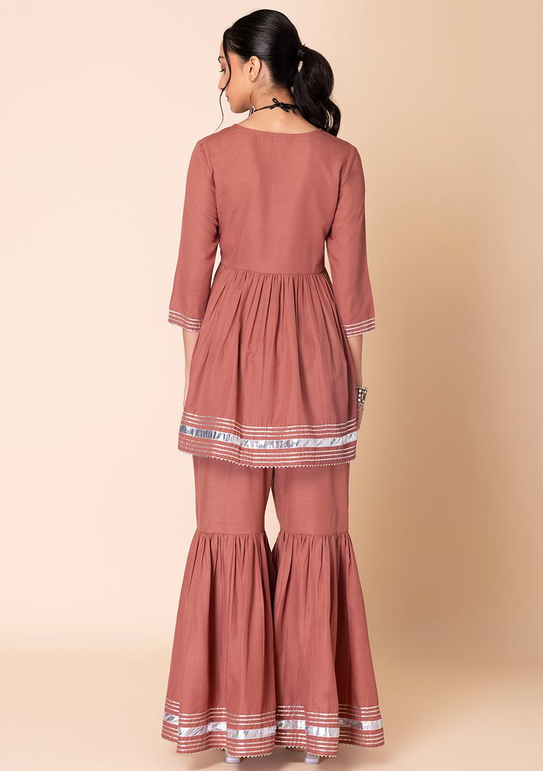 Pink Gota Lace Sharara And Short Angrakha Kurta (Set of 2)