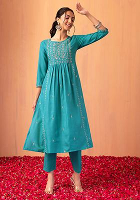 Teal Zari Embroidered A-Line Kurta And Pants (Set of 2)