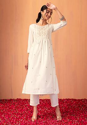 Ivory Zari Embroidered A-Line Kurta And Pants (Set of 2)