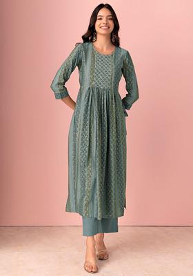 Sage Green Abstract Print Muslin A-Line Kurta And Pants (Set of 2)