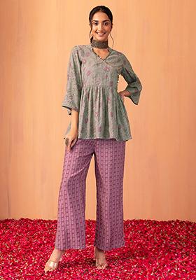 Grey Floral Print Muslin Angrakha Kurta And Contrast Pants (Set of 2)