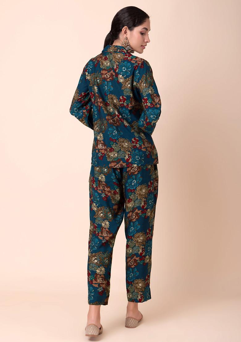 Blue Floral Print Muslin Blazer Kurta And Pants (Set of 2)