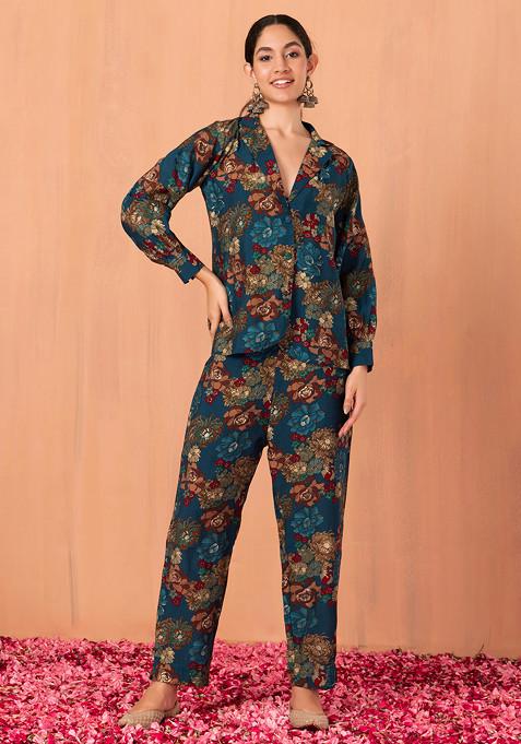 Blue Floral Print Muslin Blazer Kurta And Pants (Set of 2)