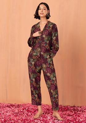 Purple Floral Print Muslin Blazer Kurta And Pants (Set of 2)